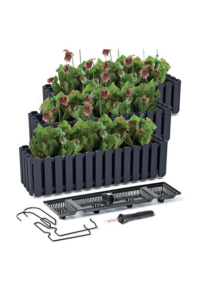 EDANTI Set de 3 jardiniere de balcon suspendate tip gard + sistem de udare 58 cm