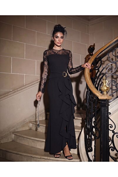 1Moda1Tarz Imported Crepe Lace Fabric, Ruffle and Buckle Detailed, Slit and L...