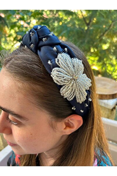 ByMerve Design Flower Model Hand Embroidered Navy Blue Planting Beads