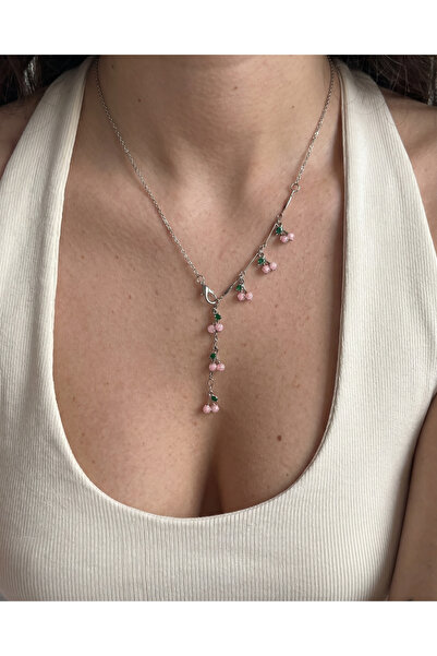 Gleemy accesories Silver Color Summer Themed Cherry Figured Y Necklace