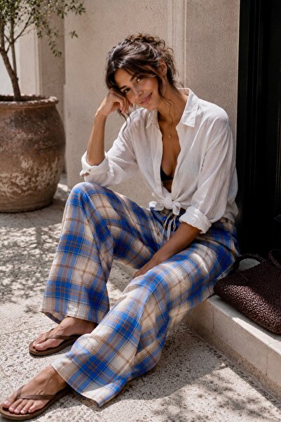 bb butik basic Square Patterned 100% Cotton Linen Palazzo Trousers – Loose Fi...