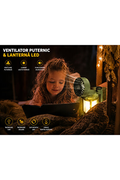OEM Lanternă Camping LED cu Ventilator, Încărcare Solară și USB, Cap Rotativ 180°, Agățătoare, Reîncărcabilă, pentru Camping, Pescuit și Situații de Urgență