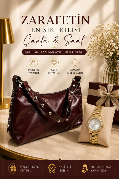 Arenmc store Bordo el ve omuz çanta ve gold saat kombini