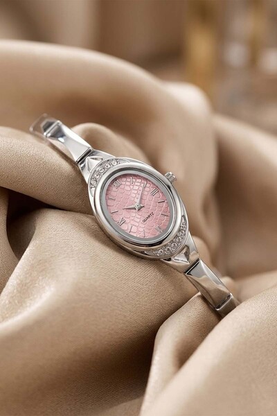 GANYMET Pegonnia Women's Silver Steel Bracelet Watch Pink Textured Dial Stone...