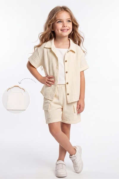 Mnk Baby&Kids طقم مريح من 3 قطع من القطن الموسلين للفتيات M00837 ECRU