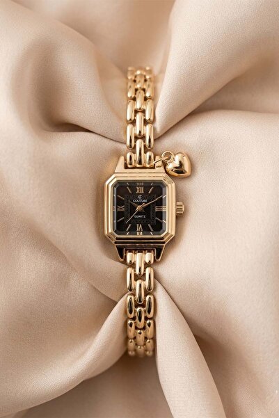 GANYMET Loev Women's Gold Square Steel Watch Black Dial Heart Charm Detailed ...