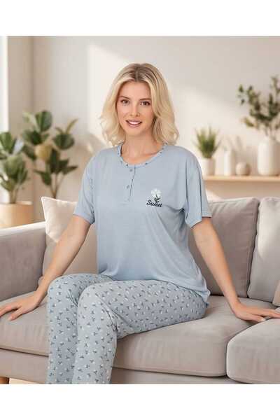 Kadın Çiçek Desenli Nakışlı %100 Pamuk Pijama Takımı