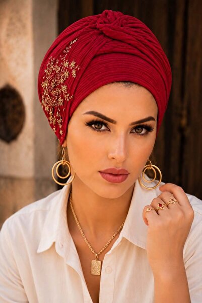 Aişe tesettür Burgundy Lace Twisted Detailed Bonnet
