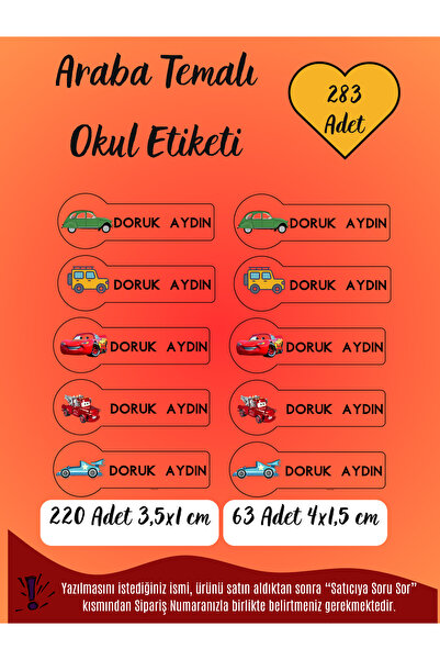 TOZLU RAF 283 Adet Kişiye Özel Araba Temalı Okul Etiketi