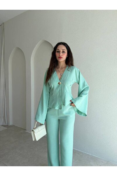 ALPŞAN TİCARET Indigo Blue Flounce Sleeves Button Detailed Linen Double Suit ...