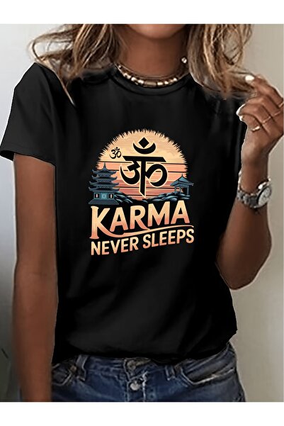 12 Teknoloji تي شيرت نسائي بتصميم KARMA Never Sleeps، قميص كاجوال أخضر برقبة ...