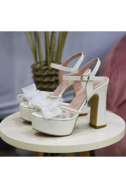 favorimo White Platform Heeled Stone Embellished Tulle Bow Evening Dress Sandals