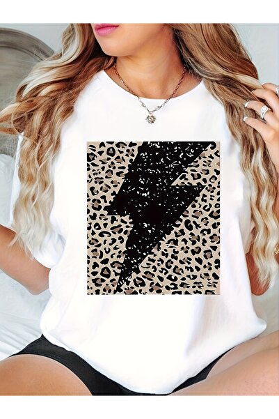 LİNA06 Women'S Retro Leopard Lightning Print T-Shirt - Black & Golden Short S...