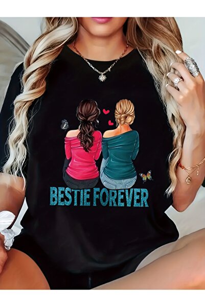 BASEPULSE تي شيرت بنمط Bestie Forever - تي شيرت نسائي بأكمام قصيرة وياقة دائر...