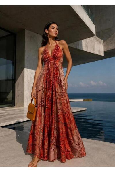 Miss Mexico Halter Neck Backless Silk Dress