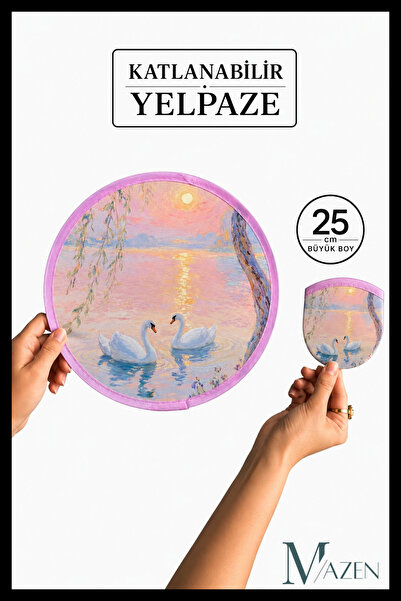 MAZEN Katlanabilir Yelpaze 25 cm Büyük Boy Kore Yelpazesi Kuğu Desenli Taşına...
