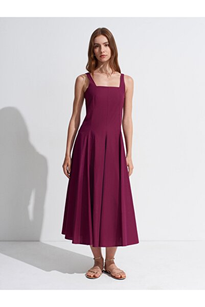 Dilvin 90941 Kare Yaka Askılı Midi Elbise-Bordo