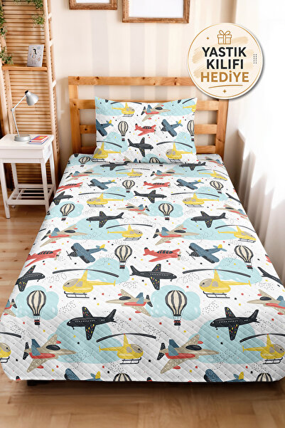 Evimde Bambaşka Airplane Helicopter Children's Room Single Pique Set - Yellow...