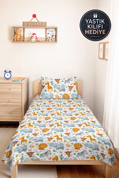 Evimde Bambaşka Safari Animal Kids' Room Single Pique Set-Pastel Orange 160X2...