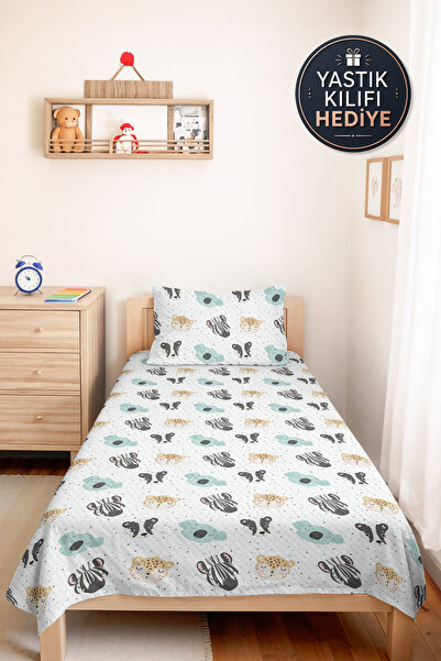 Evimde Bambaşka Safari Animal Mint Children's Room Single Pique Set - Cute Pa...