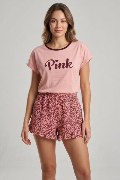 İPEKTENİM Pink Yazı Baskılı Yaka Biye Detaylı Paça Fırfırlı Pembe Leopar Düşü...