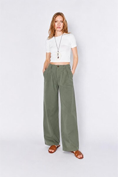 TENA Women's Khaki Yp5115 Double Pleated Wide Leg Tencel Trousers