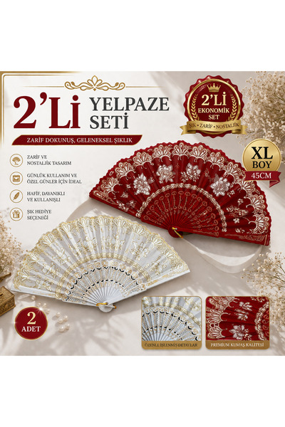 silmarin 2li Set XL 45 CM Katlanabilir Hafif Şık Tasarım Kadın El Yelpazesi B...