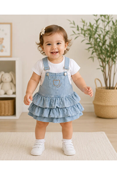 hümabebe طقم فستان صيفي من قطعتين للفتيات الصغيرات، مصنوع من قماش الدنيم المح...