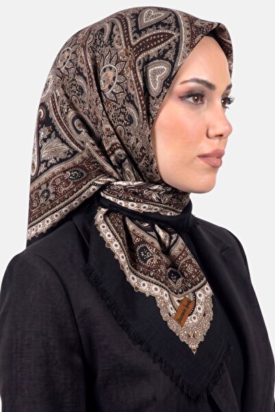 hadiora Women's Black Beige Ethnic Patterned Flared Scarf
