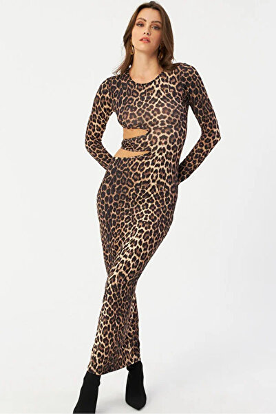 Toridas Rochie de damă decoltată, cu imprimeu leopard camel-negru