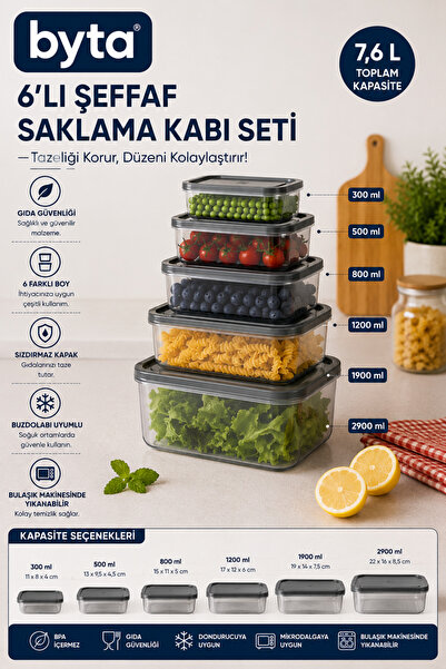 BYTA 6-Piece Rectangular Food Storage Container Set 300 ml + 500 ml + 800 ml ...