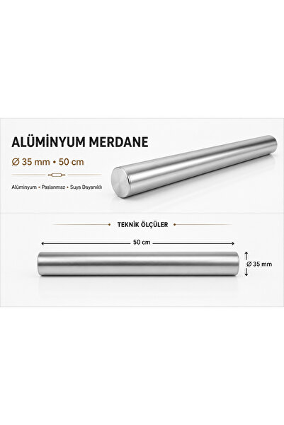 Alüminyum Hamur Açma Aparatı 50 cm Ø35 mm Pizza, Yufka, Baklava, Börek Hamuru Açma Merdanesi Paslanmaz Suya Dayanıklı
