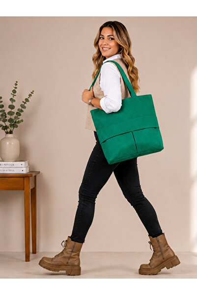İKStore Women's Green Zippered Hand and Shoulder Bag Fabric Tote Bag