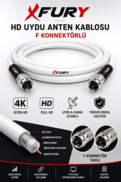 FURY HD Uydu Anten Kablosu 10 Metre F Konnektörlü Full HD 4K TV Kablosu