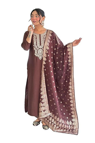 MYSMAR Brown Embroidered Kurta Set with Dupatta - AMZ1015 | Brown