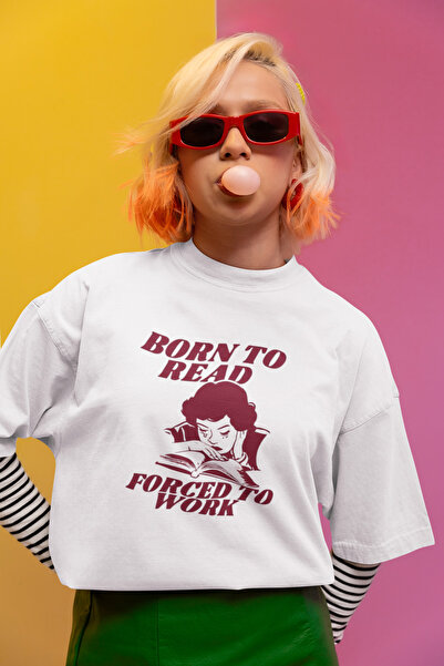 hediyeperisi Y2K Born To Read Forced To Work Baskılı Beyaz Oversize Tişört %1...