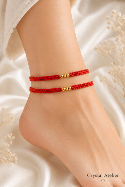 Crystal Atelier Red String Macrame Gold Dorika Adjustable Women's Anklet with...