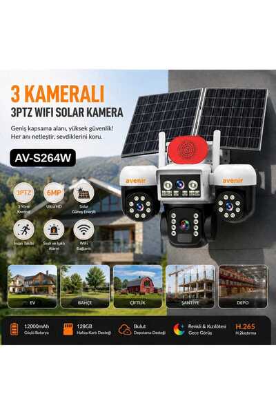 AVENİR 🔥 S264W 3 Kameralı 3 PTZ WiFi Solar Güvenlik Kamerası 6MP Ultra HD Re...