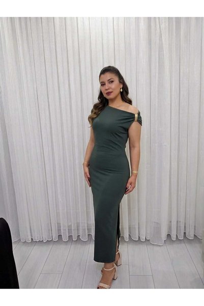 YABA Stylish Women's Midi Dress with Slit Detail and Shoulder Accessories