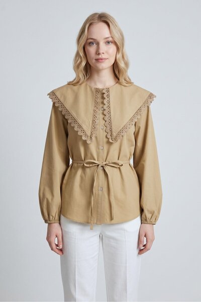 Saade Khaki Oversize Lace-Up Riviera Wide Collar Tie-Up Shirt