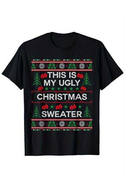 2mcup تي شيرت رجالي بطباعة 'This Is My Ugly Sweater' - قميص أسود مرح بتصميم م...