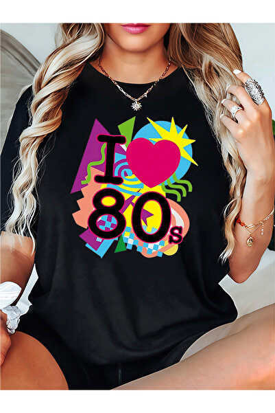 STITCHLY بلوزة نسائية مطبوعة باللونين الأسود والأبيض مع طباعة "I Love 80S"، م...
