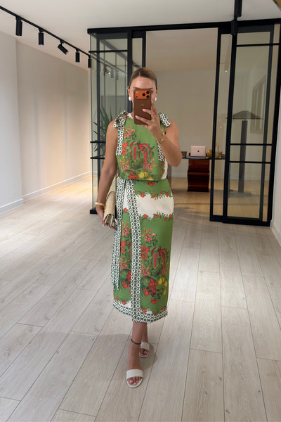 Sezgi Tekin Green Patterned Envelope Skirt / Blouse Linen Set