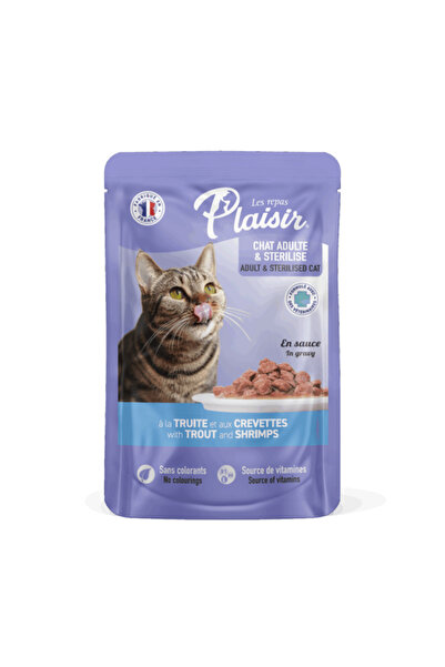 Plaisir Hrană umedă pentru pisici, sterilizată, păstrăv și creveți, 100g