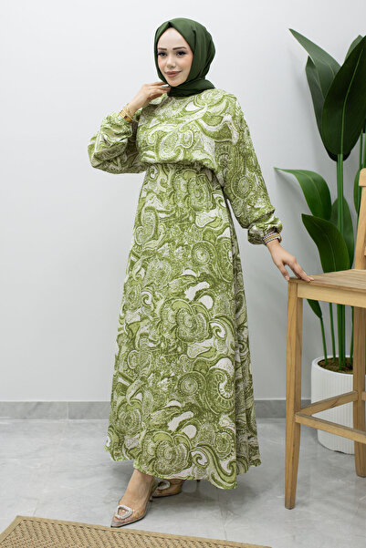 Tesettür Dünyası Mixed Pattern Elastic Waist Dress Tsd260244 Green