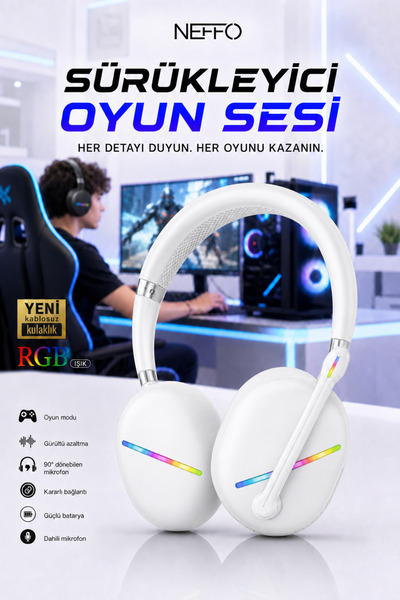 NEFFO Bluetooth Mikrofonlu Işıklı RGB Gamer Bilgisayar Kulaklığı Gaming Kulak...