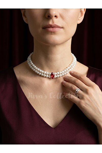 Jivva's Collection Elegant and Classic Double Row Pearl Choker. Red Crystal S...