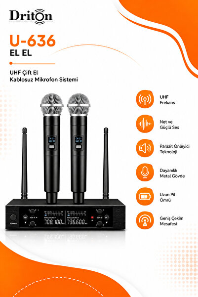 DRİTON U-636 UHF ÇİFT KANALA KABLOSUZ EL-EL ÇİFT EL MİKROFON