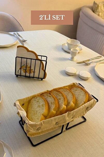 Edora Home 2’li Set Siyah Dikdörtgen Ekmek Sepeti Kafes Peçetelik Mutfak Seti