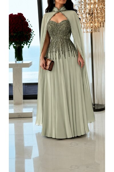 Jood Embroidered Chiffon Cape Evening Dress